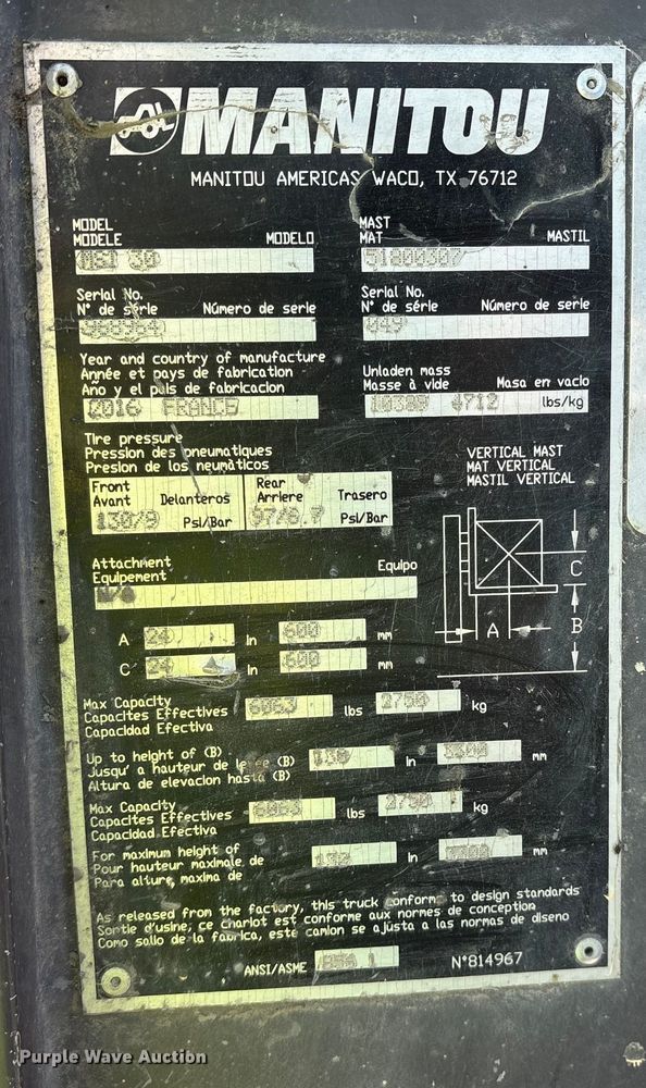 image for item YA2513 2016 Manitou MSI 30T forklift