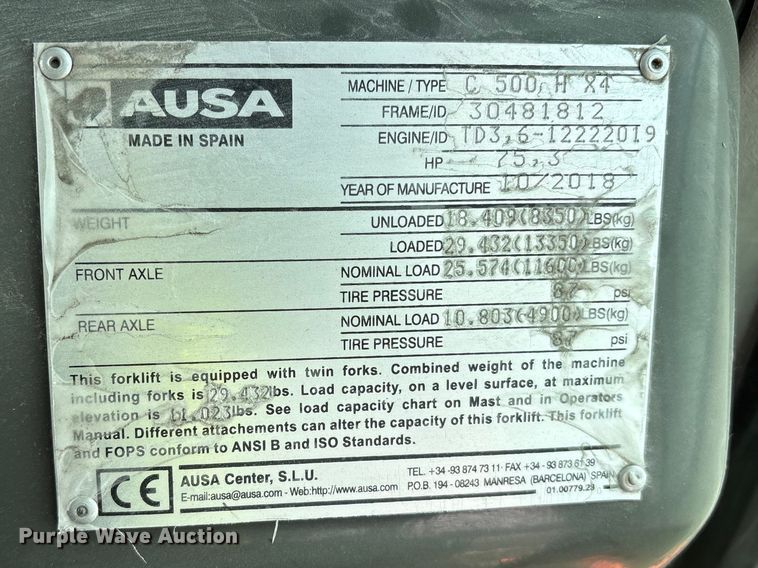 image for item YA2518 2018 AUSA C500H X4 forklift