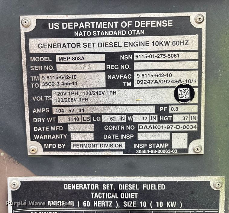 image for item DT0025 2002 MEP-8003A generator