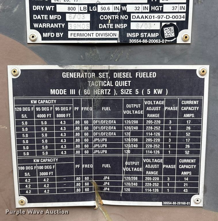 image for item DT0026 2003 MEP-802A generator