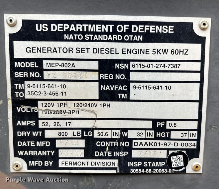image for item DT0026 2003 MEP-802A generator
