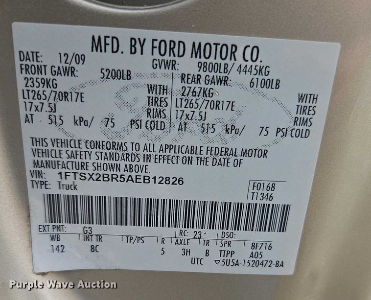 image for item EO5000 2010 Ford F250 Super Duty Ext. Cab pickup truck