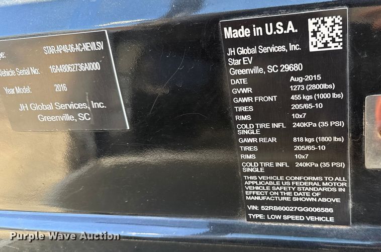 image for item ES5746 2016 STAR AP48-06-AC-NEV/LSV golf cart