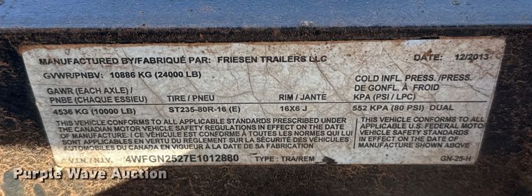 image for item ES5796 2014 Friesen Trailers LLC GN-25-H tilt deck equipment trailer