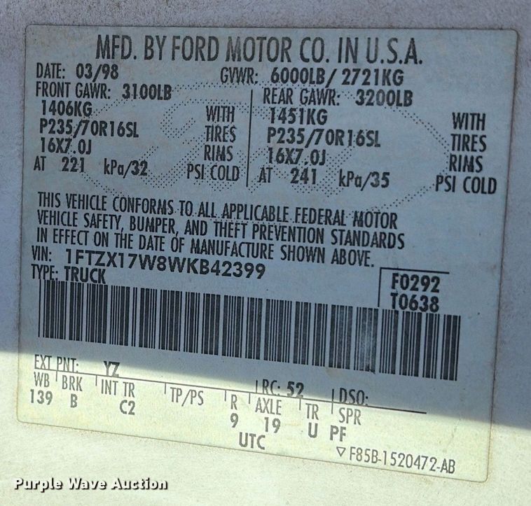 image for item ES8541 1998 Ford F150 Ext. Cab pickup truck