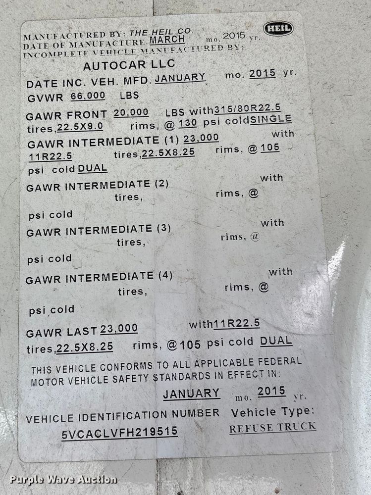 image for item ES8576 2015 Autocar Xpeditor refuse truck