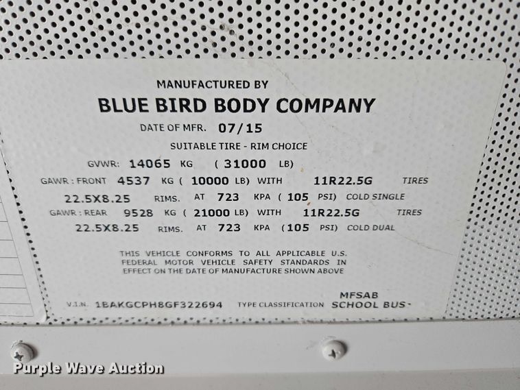 image for item ET1292 2016 Blue Bird Bb Conventional school bus