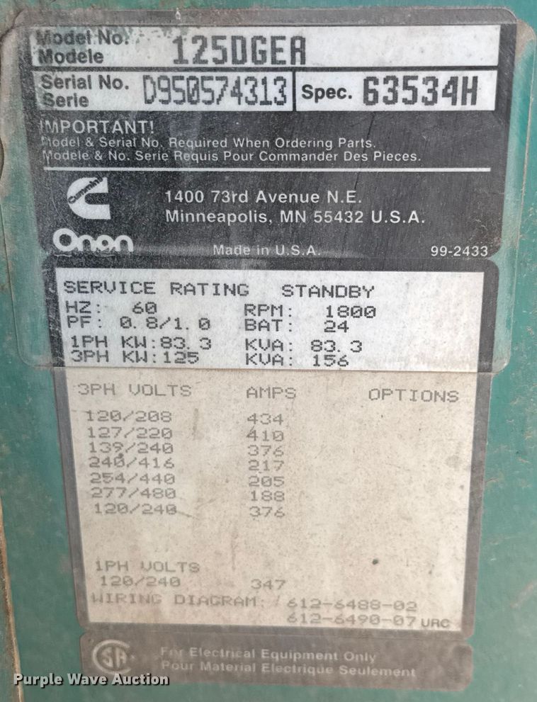 image for item ET1508 Onan 125DGER generator