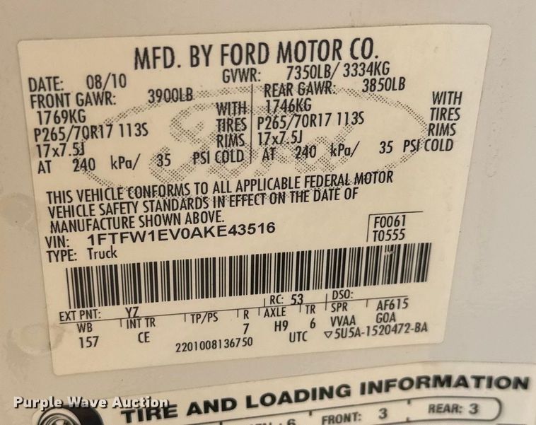 image for item ET1546 2010 Ford F150 Crew Cab pickup truck