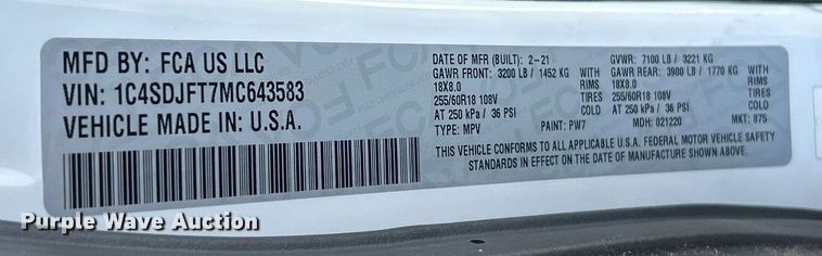 image for item ET6921 2021 Dodge Durango SSV SUV