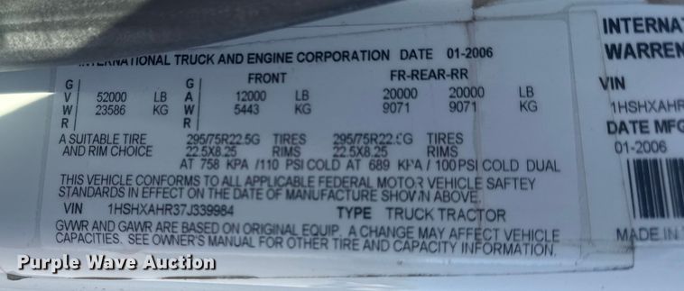 image for item EU4077 2007 International 8600 semi truck