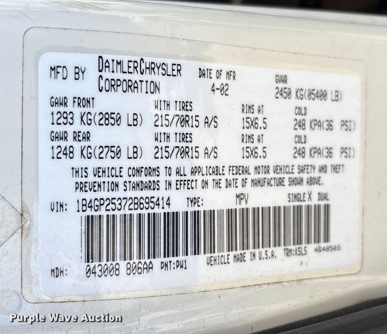 image for item EV2678 2002 Dodge Caravan van