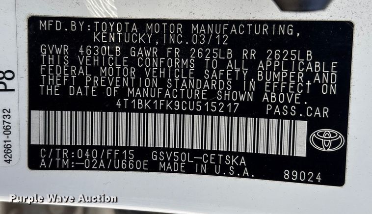 image for item EV2683 2012 Toyota Camry 