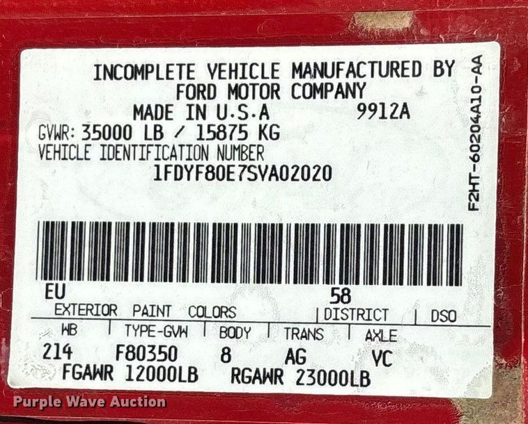 image for item FB3504 1995 Ford F800 pumper fire truck