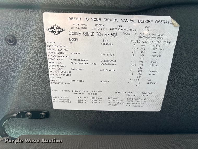 image for item FB3507 2016 Spartan LA41M-2142 pumper fire truck