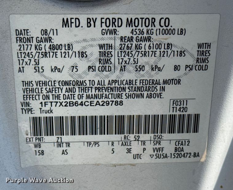 image for item FB8595 2012 Ford F250 Super Duty XL Ext. Cab utility bed pickup truck