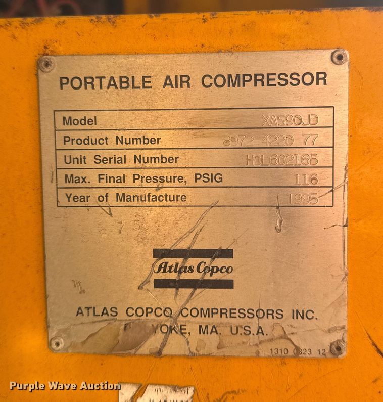 image for item FB8599 1995 Atlas Cooco XAS99JD air compressor