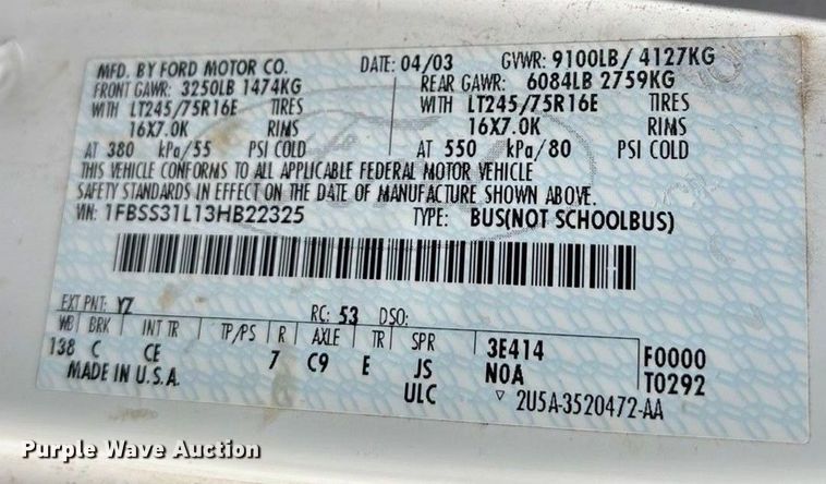 image for item FC1585 2003 Ford E350 Extended van