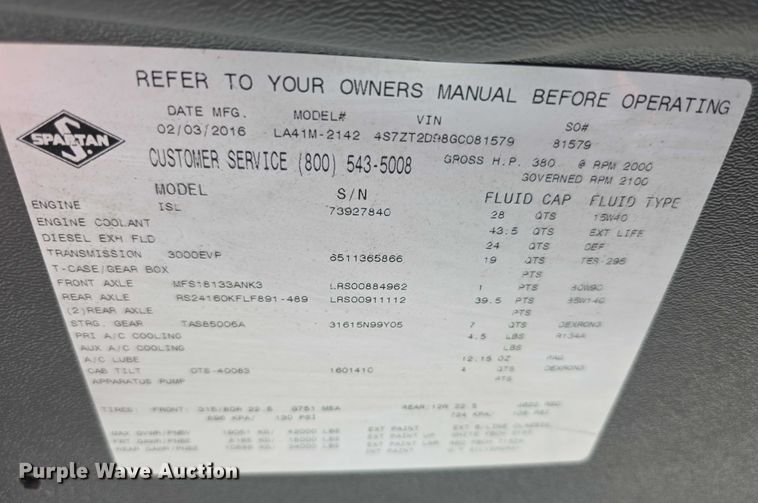 image for item FI0671 2016 Spartan LA41M2142 pumper fire truck