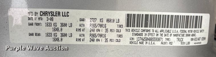 image for item FK1153 2008 Dodge Dakota Crew Cab pickup truck