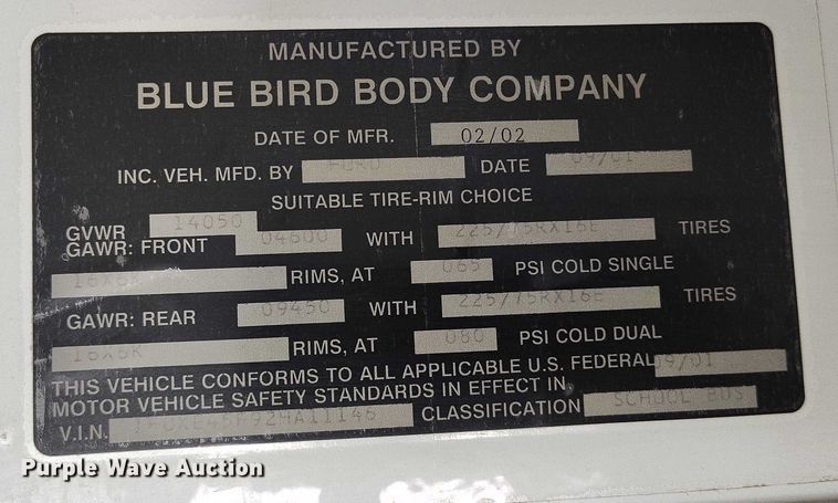 image for item IH9417 2002 BlueBird E450 school bus