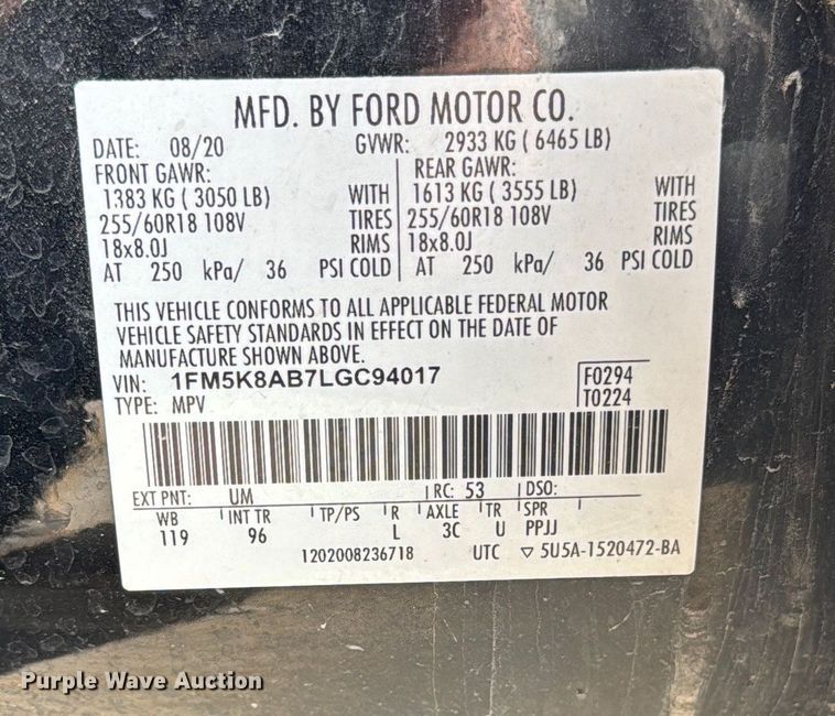 image for item OE9545 2020 Ford Explorer Police Interceptor SUV