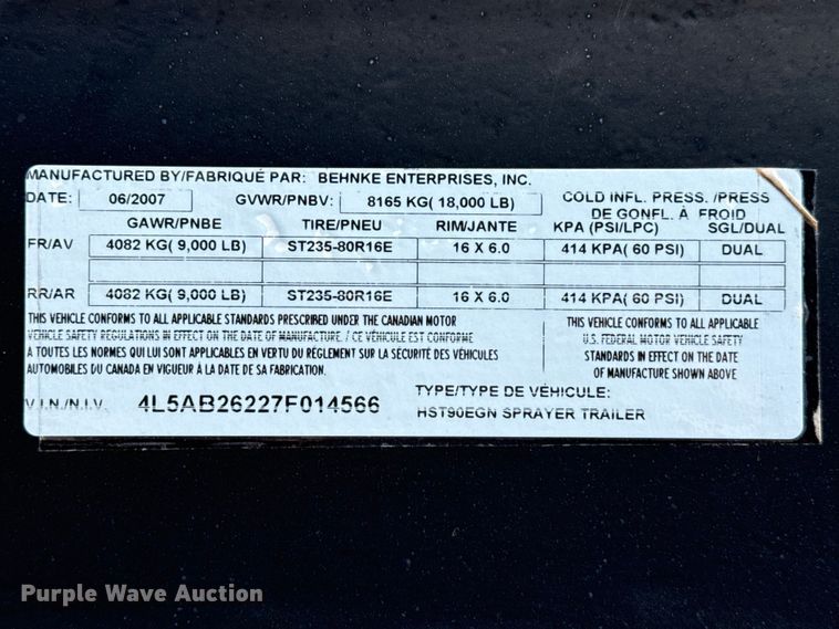 image for item DZ5078 2007 Behnke HET90EGN  sprayer trailer