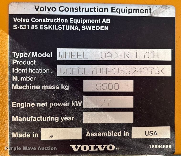 image for item EF6313 2021 Volvo L70H wheel loader