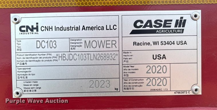 image for item FB3033 2020 Case IH DC103 swather / windrower