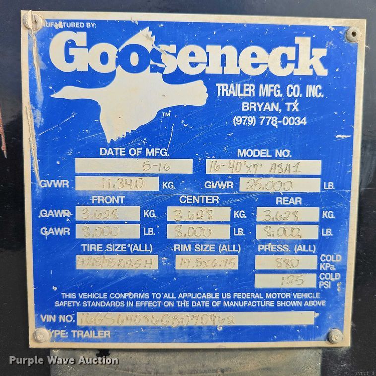 image for item FN5567 2016 Gooseneck Trailer Mfg. Co, Inc. 16-40'x7' A8A1 livestock trailer