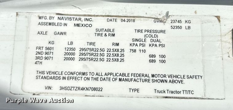 image for item DU0397 2019 International LT625 semi truck