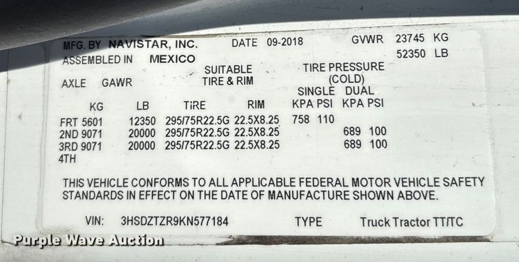 image for item DU0398 2019 International LT625 semi truck