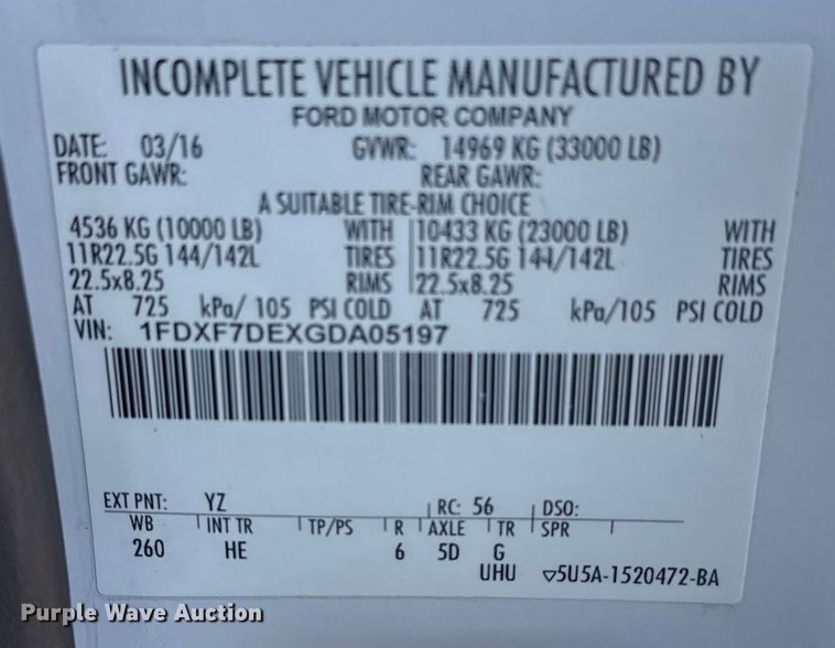 image for item EG2083 2016 Ford F750 Super Duty XL truck cab and chassis