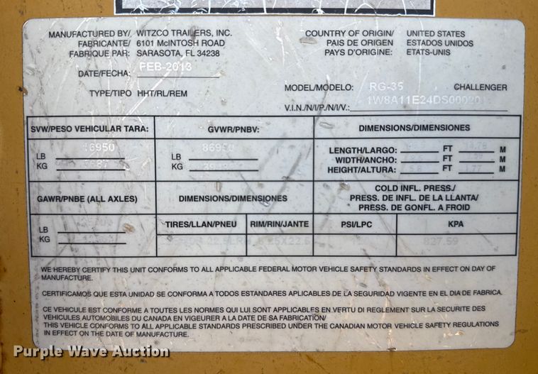 image for item EP2994 2013 Witzco RG-35 lowboy equipment trailer