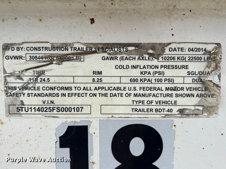 image for item ES8585 2015 Construction Trailer Specialists  BDT-40 Belly dump trailer