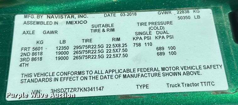 image for item ET1547 2019 International LT625 semi truck