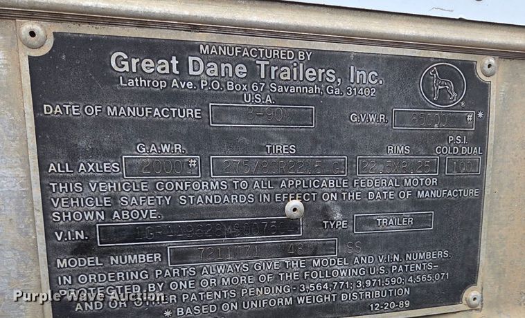 image for item EU4107 1991 Great Dane 7222TZ1 refrigerated van trailer