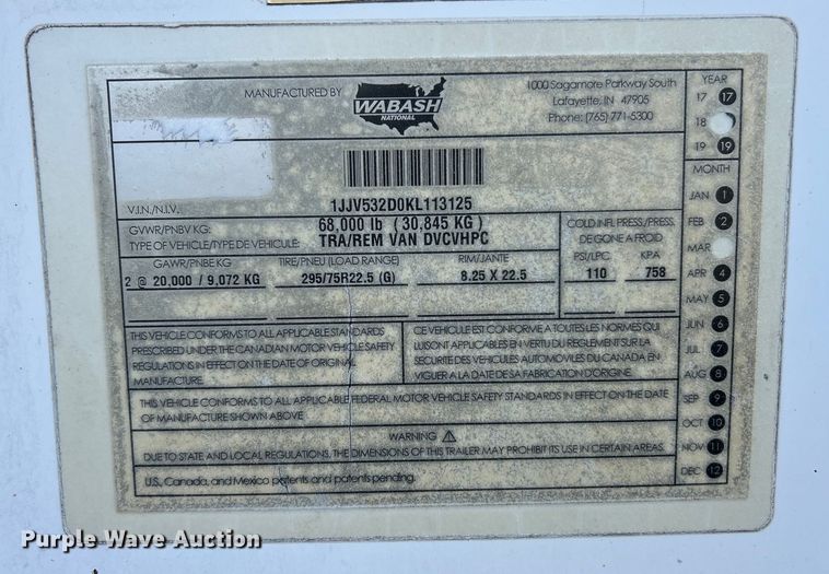 image for item FC5046 2019 Wabash dry van trailer