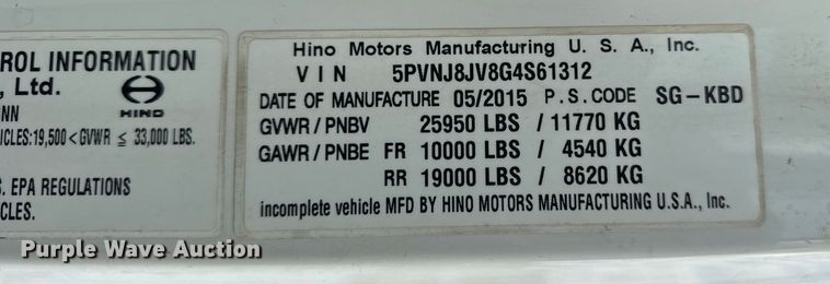 image for item YA1790 2016 Hino box truck