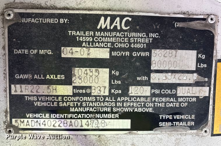 image for item YA1947 2008 MAC Mac Trailer Manufacturing end dump trailer