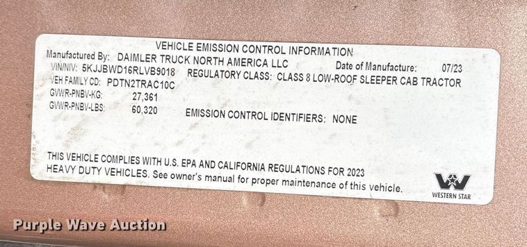 image for item YA2161 2024 Western Star 49X semi truck