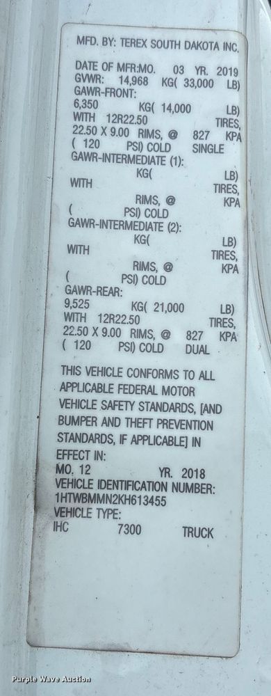 image for item YA2173 2019 International 7300 digger derrick truck