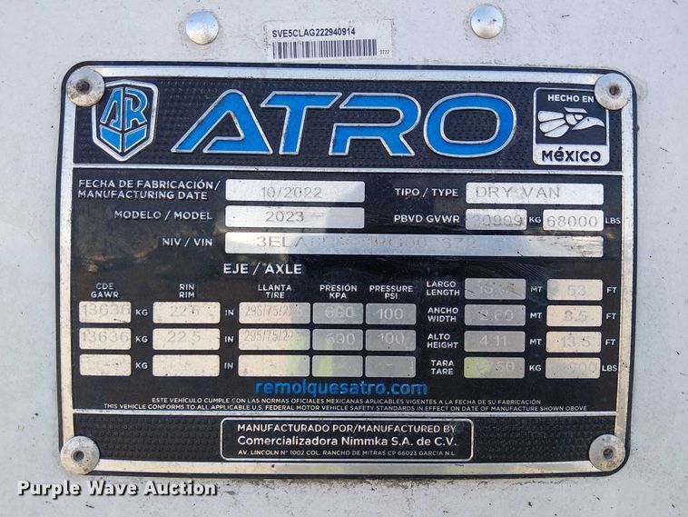 image for item YA2425 2023 Atro dry van trailer