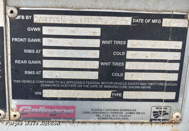 image for item YA2444 2022 Gallegos pneumatic dry bulk trailer