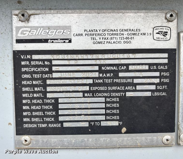 image for item YA2445 2022 Gallegos pneumatic dry bulk trailer