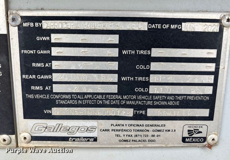 image for item YA2446 2022 Gallegos pneumatic dry bulk trailer