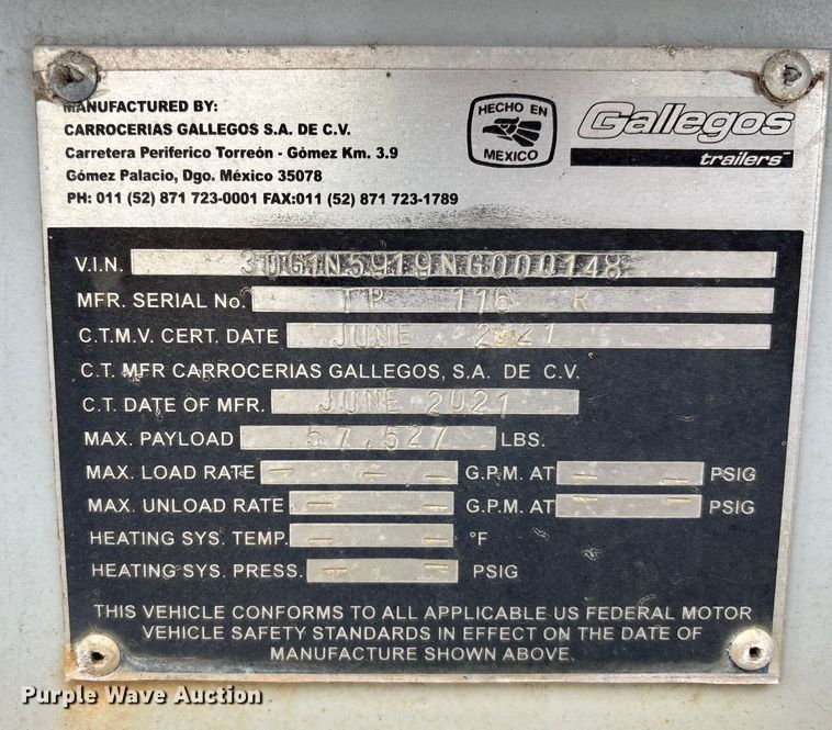 image for item YA2446 2022 Gallegos pneumatic dry bulk trailer