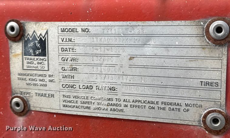 image for item EP2982 1999 Trail King TK110SA-533 drop deck trailer