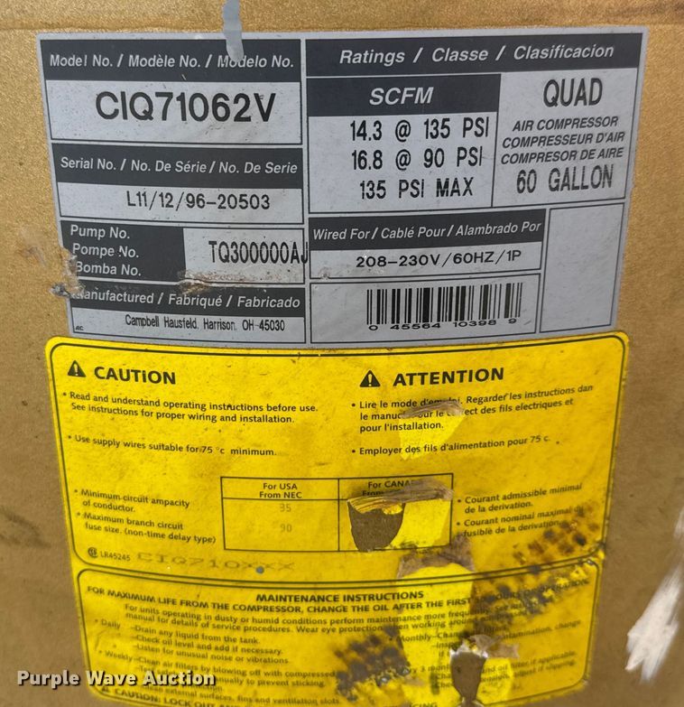 image for item ET1526 1997 Campbell Hausfeld CIQ71062C air compressor