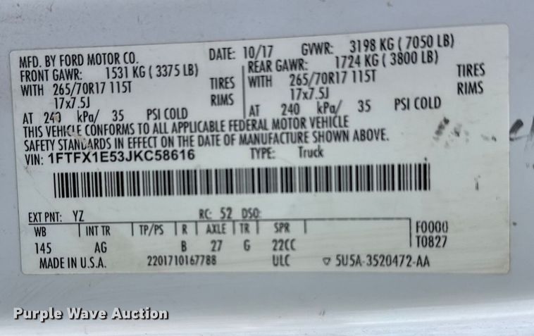 image for item DQ4272 2018 Ford F150 Ext. Cab pickup truck